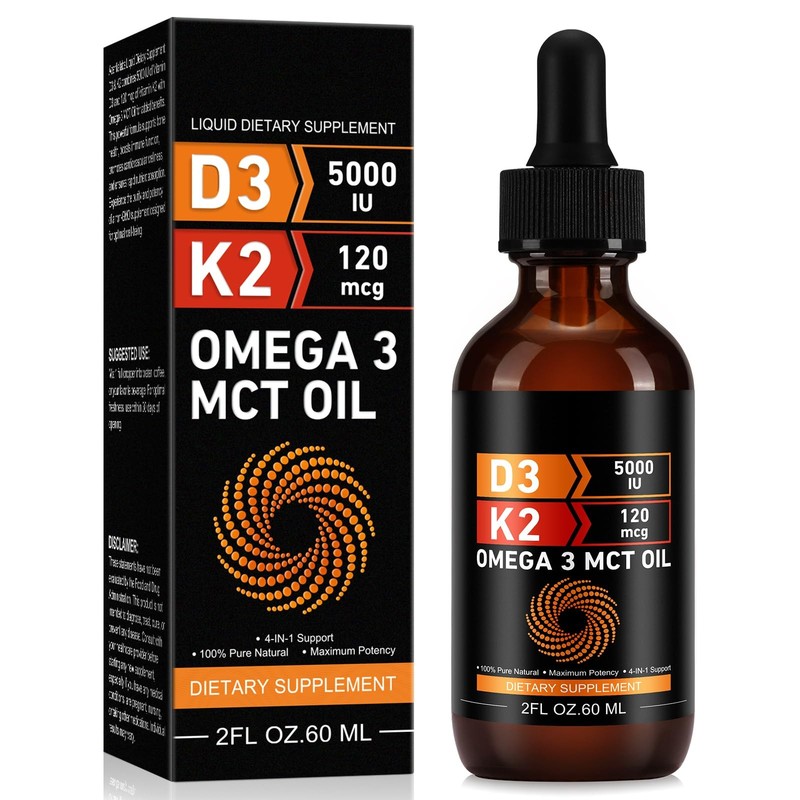 Vitamin D3 5000 IU & K2 (MK-7) 120 mcg 60ml Drops with MCT Oil Omega 3, Liqui…