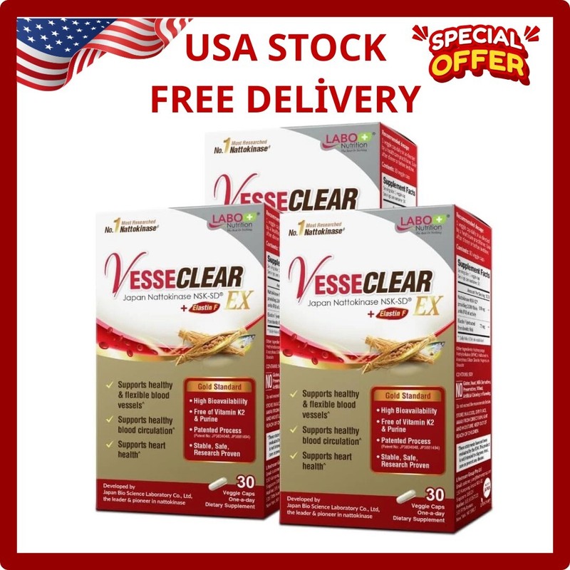 LABO Nutrition VesseCLEAR EX: Nattokinase NSK-SD+Elastin 30 Count (Pack of 3) gallery