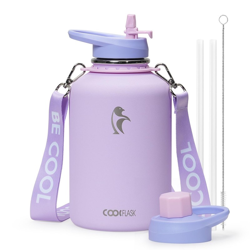 Coolflask Half Gallon Water Bottle with Strap, 64oz 64 Ounces, Lavender