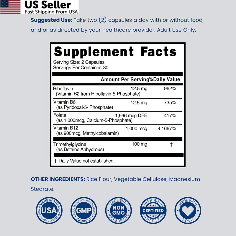 Methylated Multivitamin Complex TMG Methylfolate MTHFR 120 Capsules From USA gallery