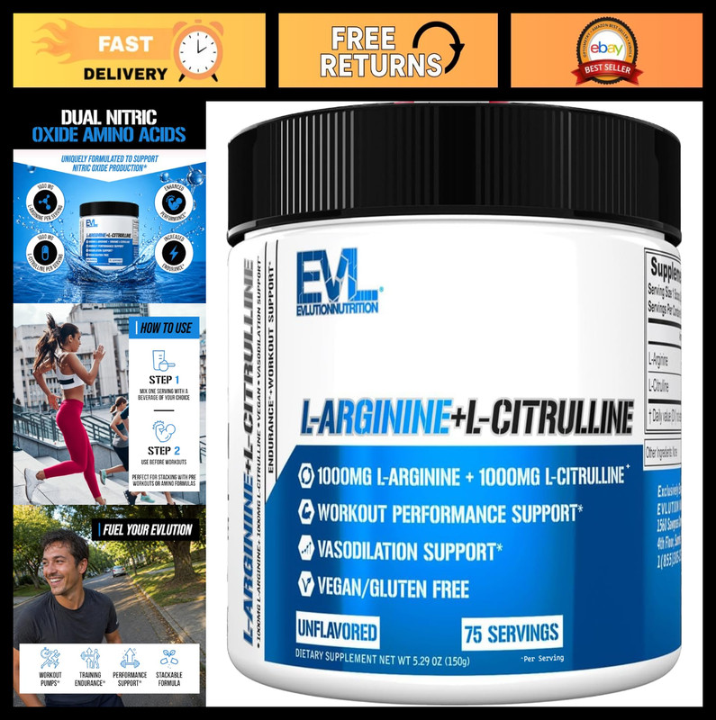 Nitric Oxide Booster Powder – L-Citrulline & L-Arginine 1000mg, 75 Servings, Ene