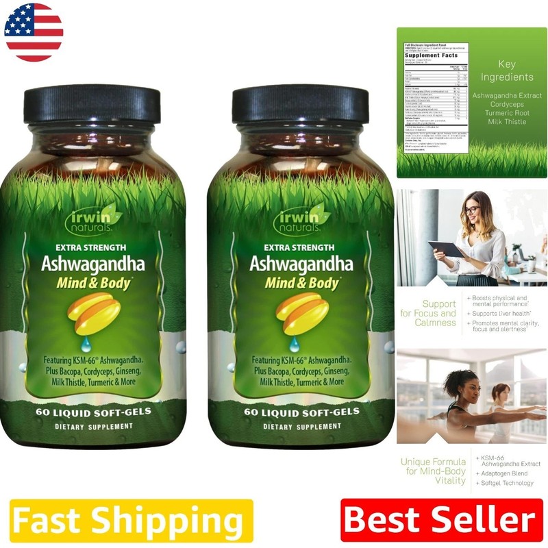 Ashwagandha 60 Liquid Soft-Gels 2 Pack – KSM-66, Ginseng, Turmeric – Boost Mind
