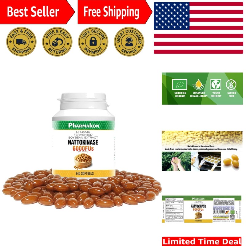 Organic Nattokinase Extract – 6000 FUs Softgels for Enhanced Wellness, 240 Count