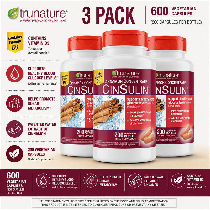 3-Pack Trunature Cinnamon Concentrate Cinsulin 500mg, 200 Vegetarian Capsules