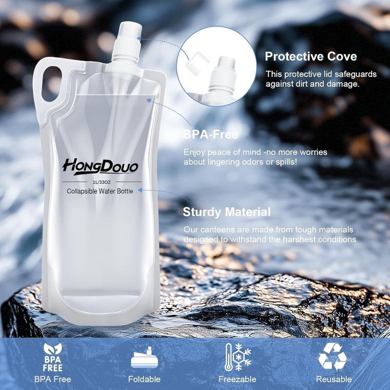 2 Pack Collapsible Water Bottles 1L Hiking Water Flasks 2L Total 33oz BPA-Free gallery