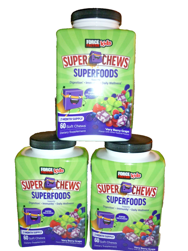 (3 Force Factor Kids Super Chews Superfoods 60×3 180 Chews Each EXP: 5/26