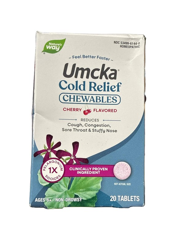 6/27 Nature’s Way Umcka Cold Relief, Cherry Flavored, 20 Chewable Tablets