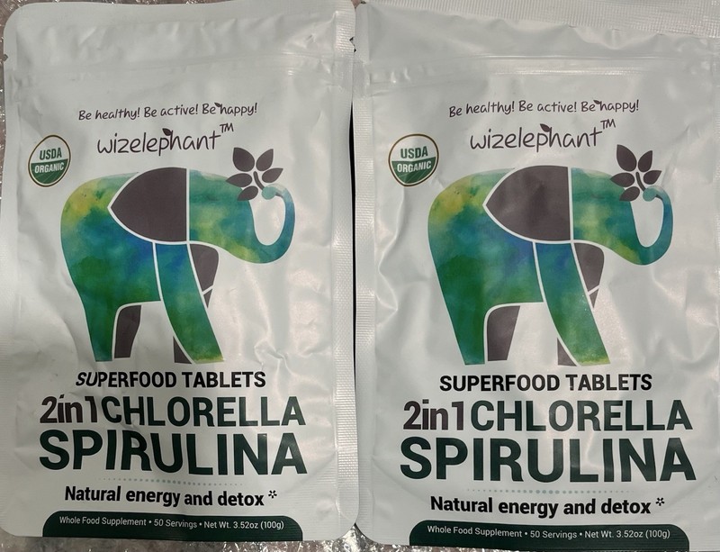 Wizelephant Superfood (200 Tablets) 50 Serv Ea X2, 2in1 Chlorella Spirulina 9/26