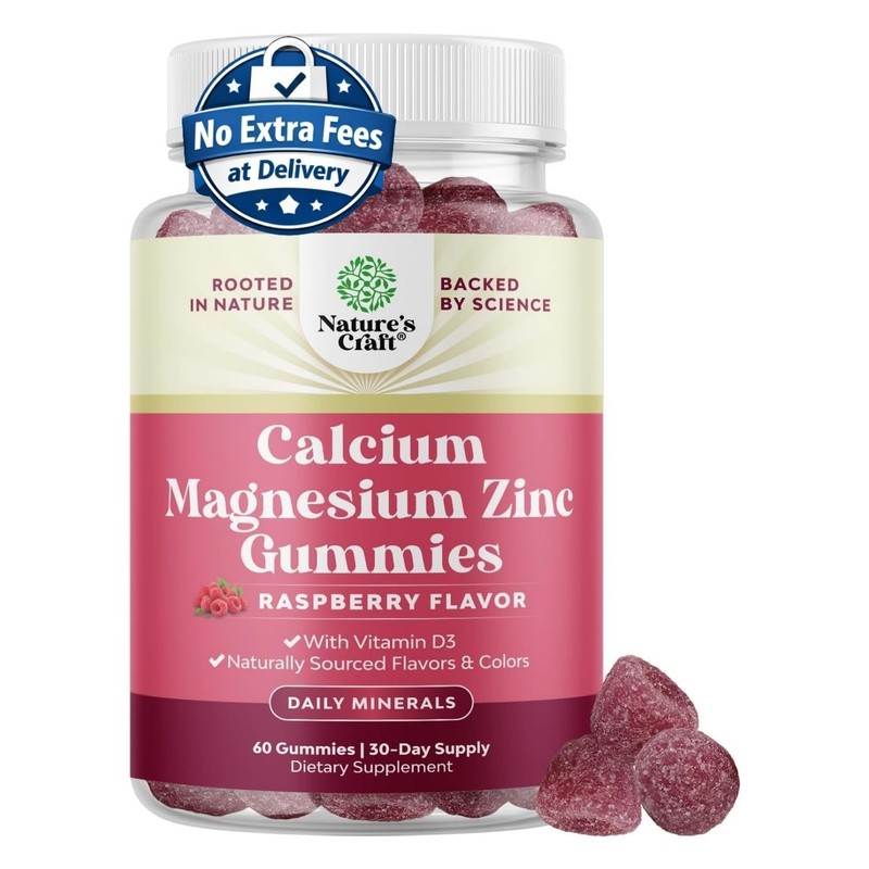 Calcio Magnesio Zinc con Vitamina D3 2000 IU 60 Gomitas Sabor Frambuesa