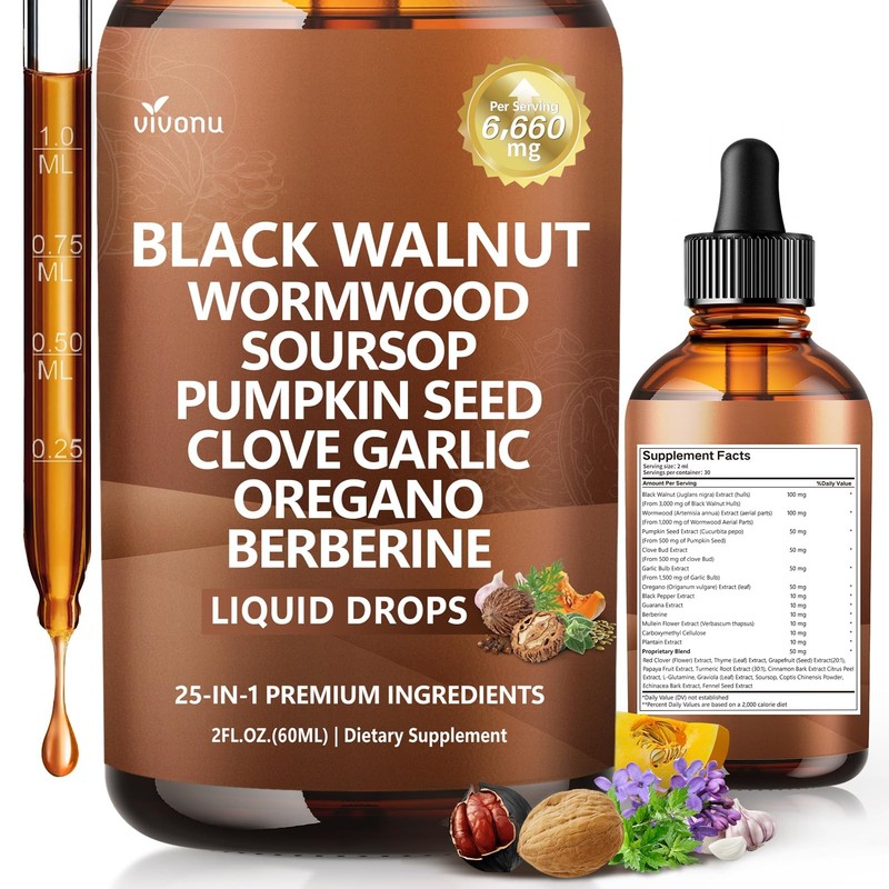 25in1 Liposomal Black Walnut Wormwood Clove Tincture, Cleanse for Humans Drop…