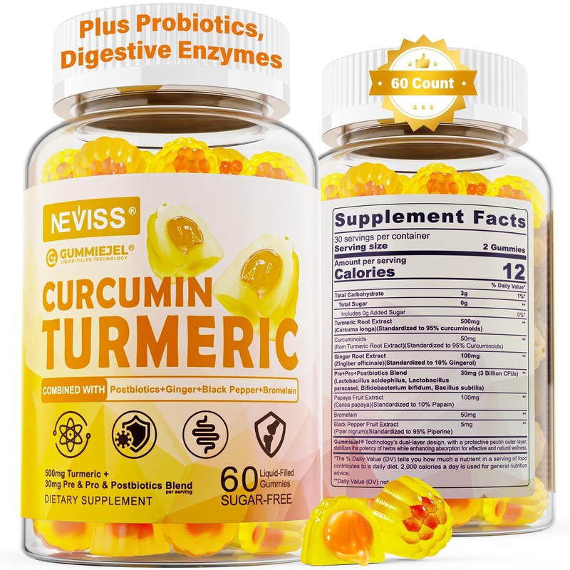 Sugar Free Turmeric Curcumin Filled Gummies 550mg for Adults, Ginger Black P…