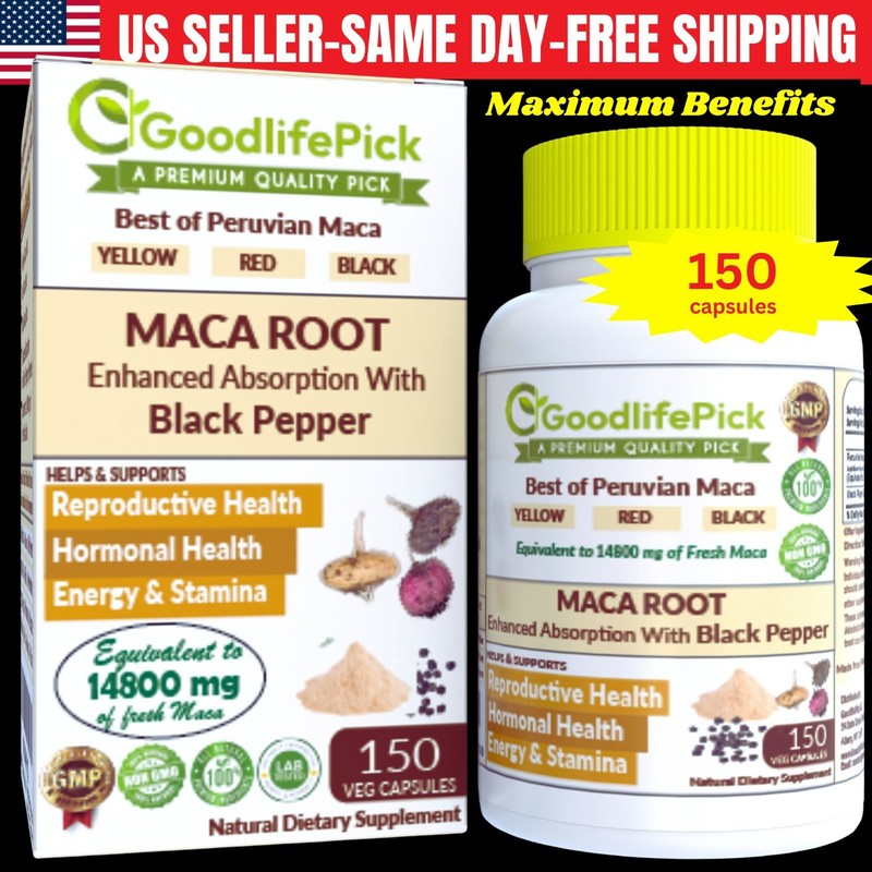 Maca Root Capsules. Yellow Maca Black Maca Red Maca & Black Pepper-150 capsules