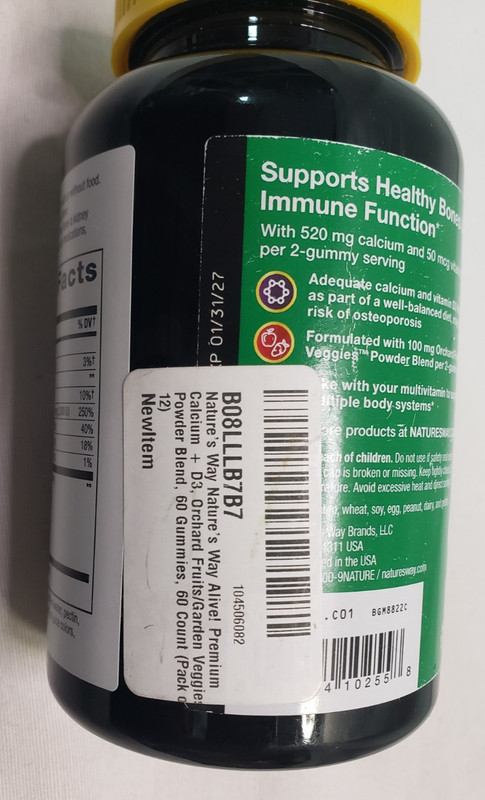 Nature's Way Alive! Daily Calcium & Vitamin D3 Gummies, Bone Immune Support 60ct gallery