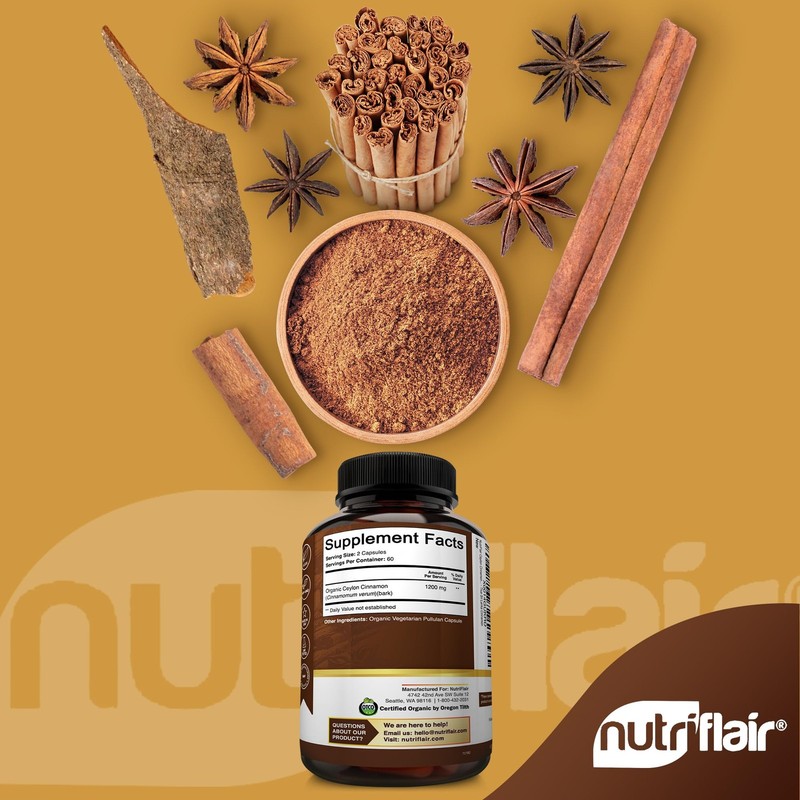 NutriFlair Organic Ceylon Cinnamon Supplement 1200mg, 120 Capsules - USDA gallery