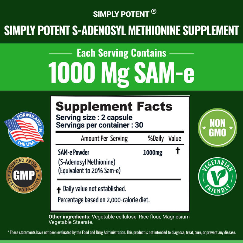 SAM-e 1000mg | Mood Joint & Liver Support | S-Adenosyl Methionine | 60 Caps USA gallery