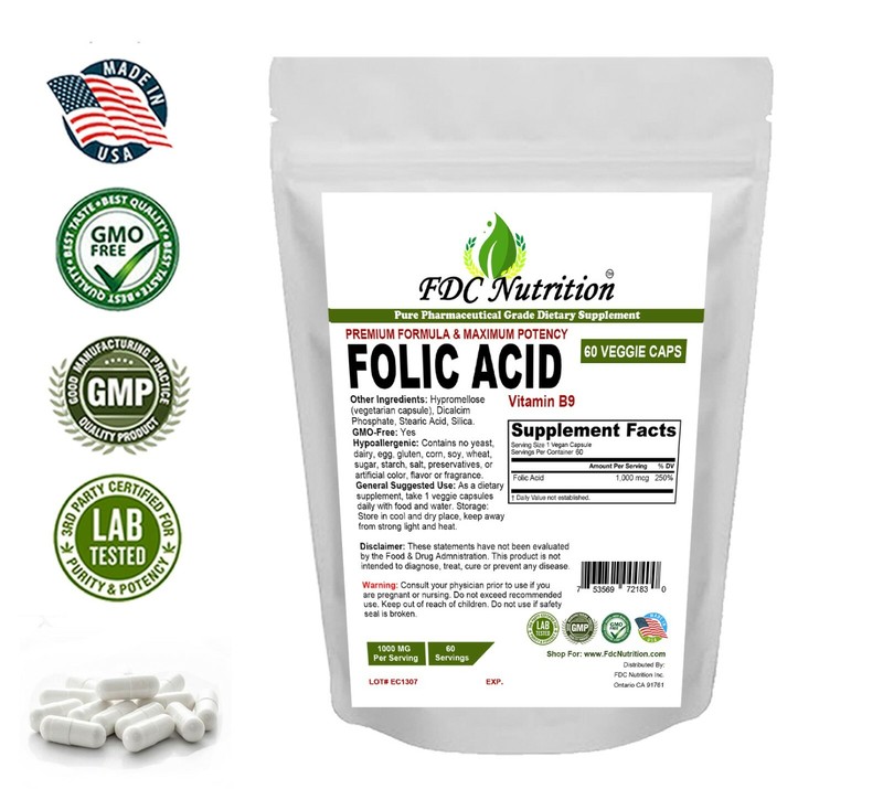 Folic Acid (Vitamin B9)1000mg, 60 Cap- Gluten Free & Non-GMO