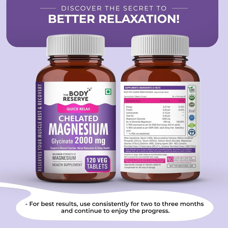 The Body Reserve Magnesium Glycinate 120 Veg Tablets, 2000mg Better Sleep relax gallery