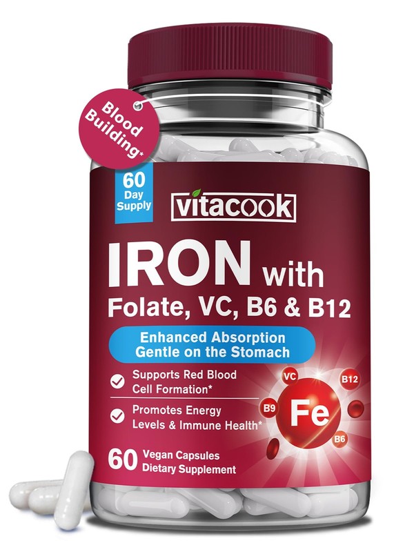 Iron Supplement for Women & Men, Iron Bisglycinate with Vitamin C, B6, B12, F…