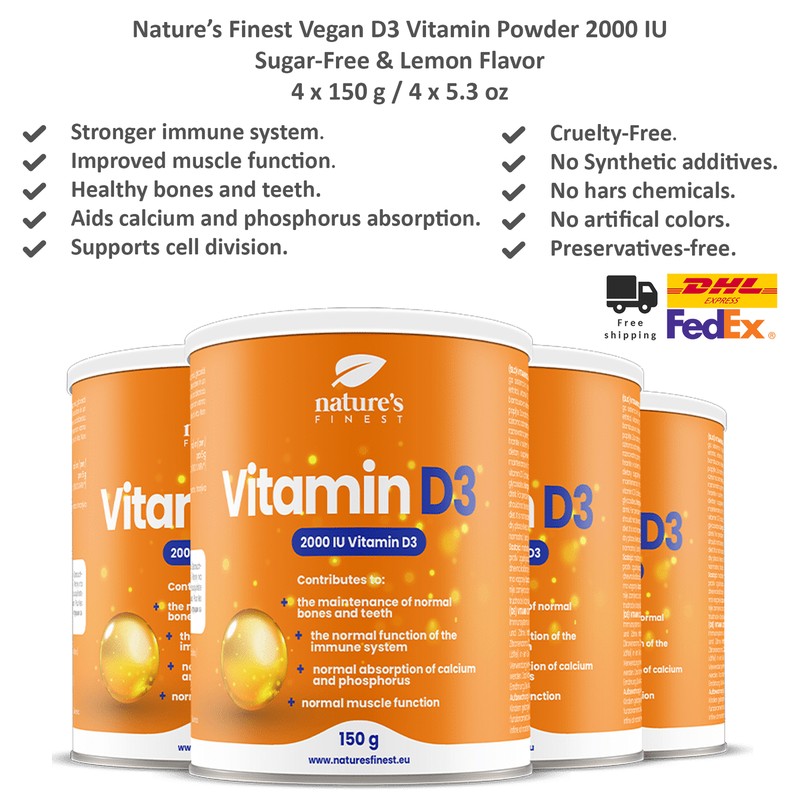Nature’s Finest Vegan D3 Vitamin Powder 2000 IU Sugar-Free & Lemon Flavor 150gx4