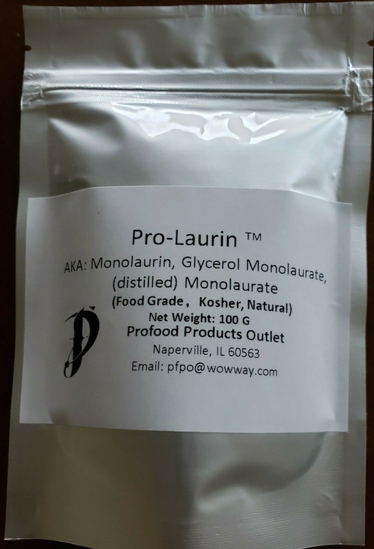 Pure 100g Monolaurin powder (equivalent to 100x 1000mg) in a metalized pouch.