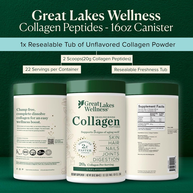 Great Lakes Wellness Collagen Peptides Powder 22 Servings (Pack of 1), Green gallery