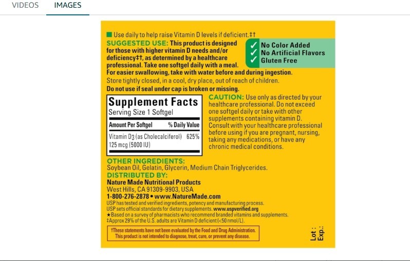 Nature Made Vitamin D3 5000 IU Ultra Strength Softgels - 180 Count gallery