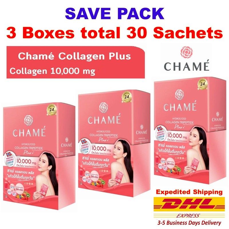 Premium Collagen Tripeptide Chame’ Plus 10,000 mg Anti-Aging Q10 Strawberry x3
