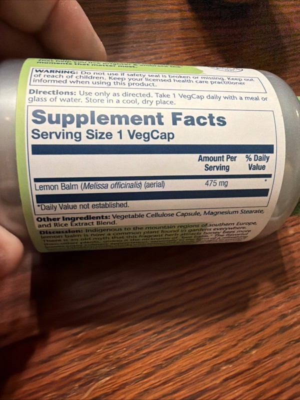 Solaray Lemon Balm Aerial 475mg | Non-GMO, Vegan | 100 CT EXP 03/2029 gallery