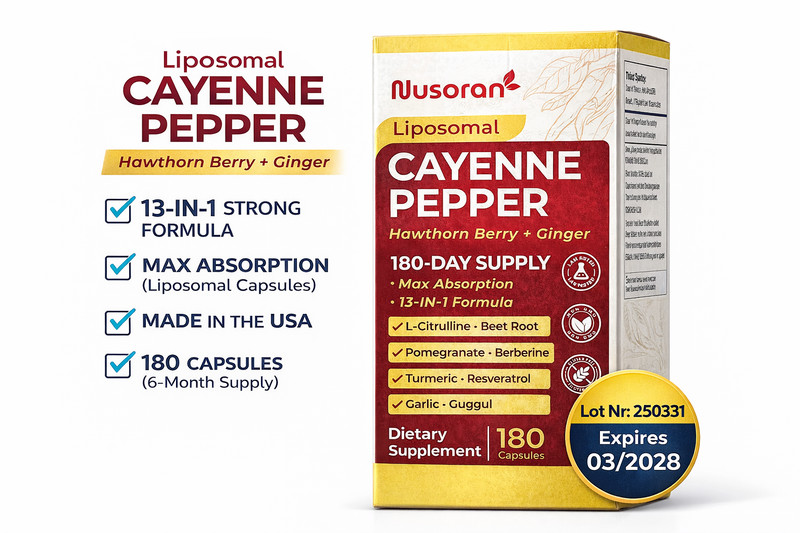 Nusoran Liposomal Cayenne Pepper – 180 Capsules – 13-in-1 Formula – Exp 03/2028