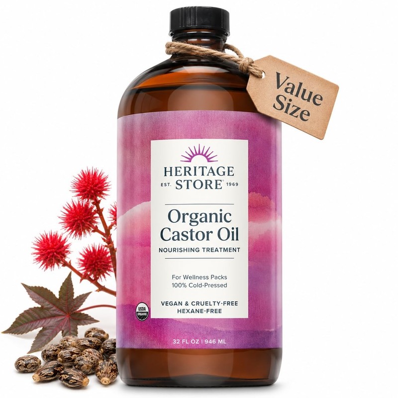 Castor Oil 32oz Organic Cold Pressed Hair Skin Care Heritage Store Glass Bottle