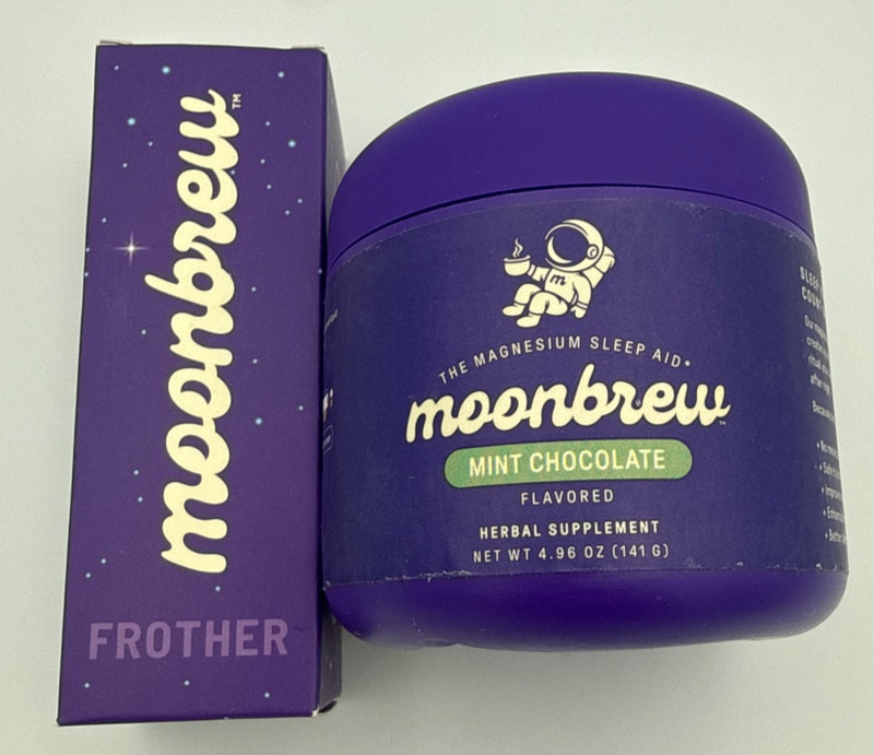 MoonBrew Magnesium Herbal Blend Mint Chocolate 4.96oz Powder + Frother Exp 10/20