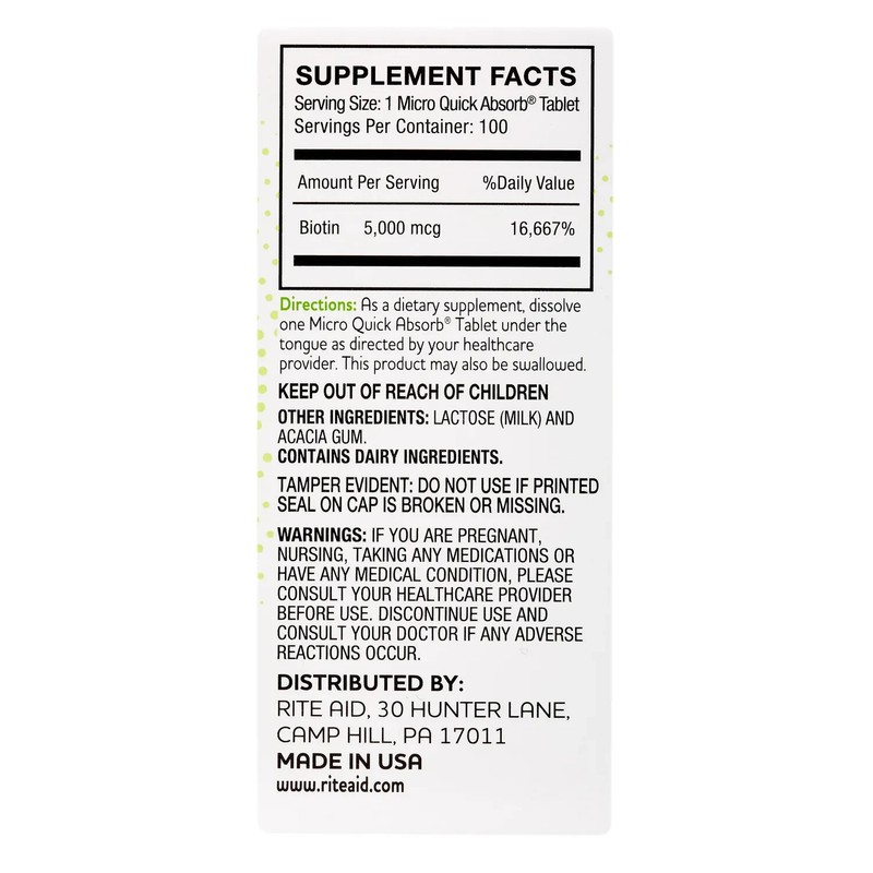 Twin Pack- RITE AID Biotin Instant Dissolve Tablets-5000 mcg-EX. 3/25-100 Ct. EA gallery