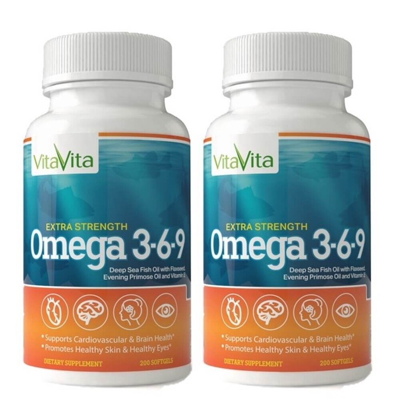 2 Bottles Extra Strength Omega 3-6-9 Fish Oil (200 Softgels), 400 Softgels Total