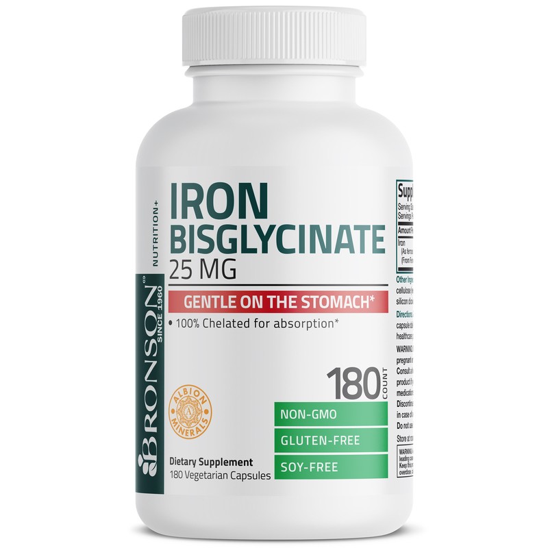 Bronson Iron Bisglycinate 25mg Supports Energy Non-Constipating 180 Veg Capsules gallery