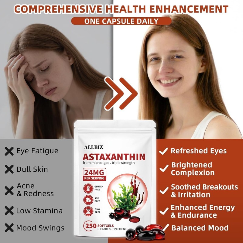 ALLBIZ Astaxanthin 24mg | 250 Softgels | 250-Day Supply | Premium Antioxidant Su gallery