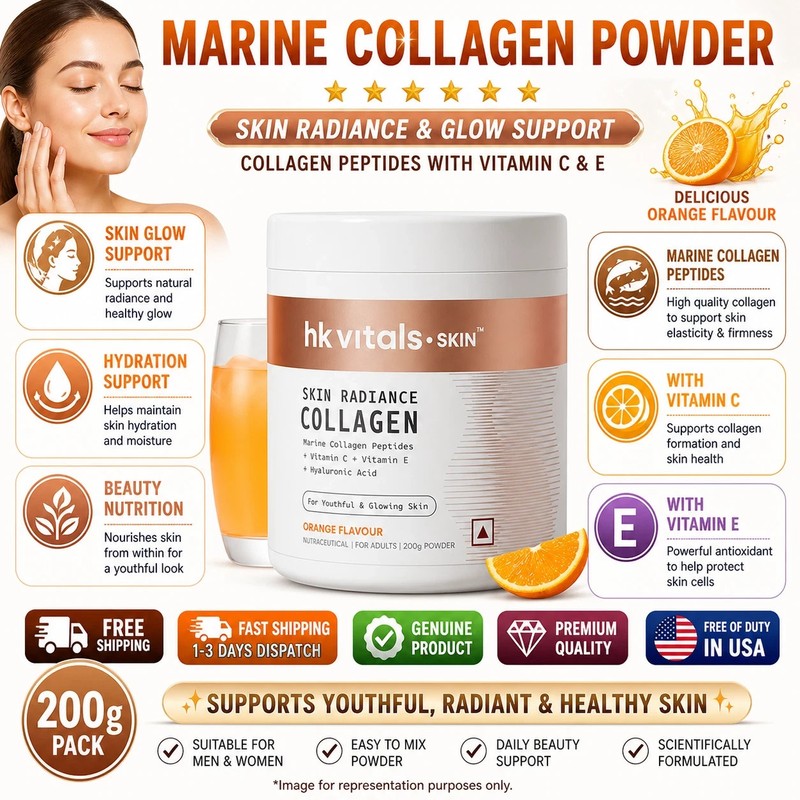 HK Vitals Marine Collagen Powder Orange Vit C E Skin Radiance 200g Pack