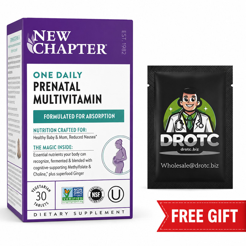 New Chapter Prenatal One Daily 30 Veg Tabs + Free DR OTC Eye Wipe – Exp 8/27