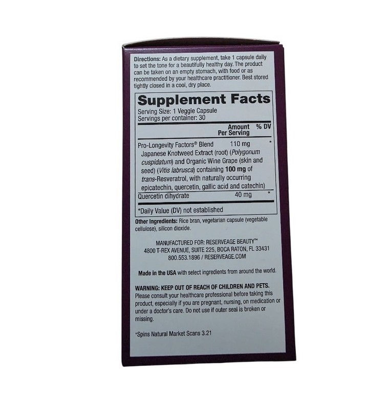 Reserveage Beauty Resveratrol 100mg 30 Dietary Veggie Capsules 01/2027 NEW gallery