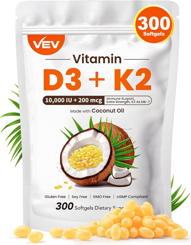 Vitamin D3 Con K2 10000 IU, 300 Virgin Coconut Oil Softgels, 2 in 1 Vitamins …