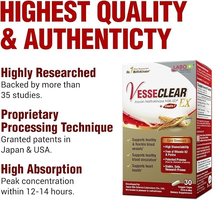 LABO Nutrition VesseCLEAR EX: Nattokinase NSK-SD+Elastin 30 Count (Pack of 3) gallery