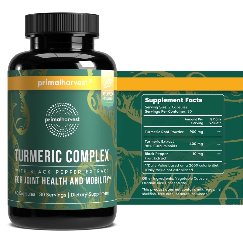Primal Harvest 1 Pack Primal Turmeric Complex w/Black Pepper Extract Joint an…