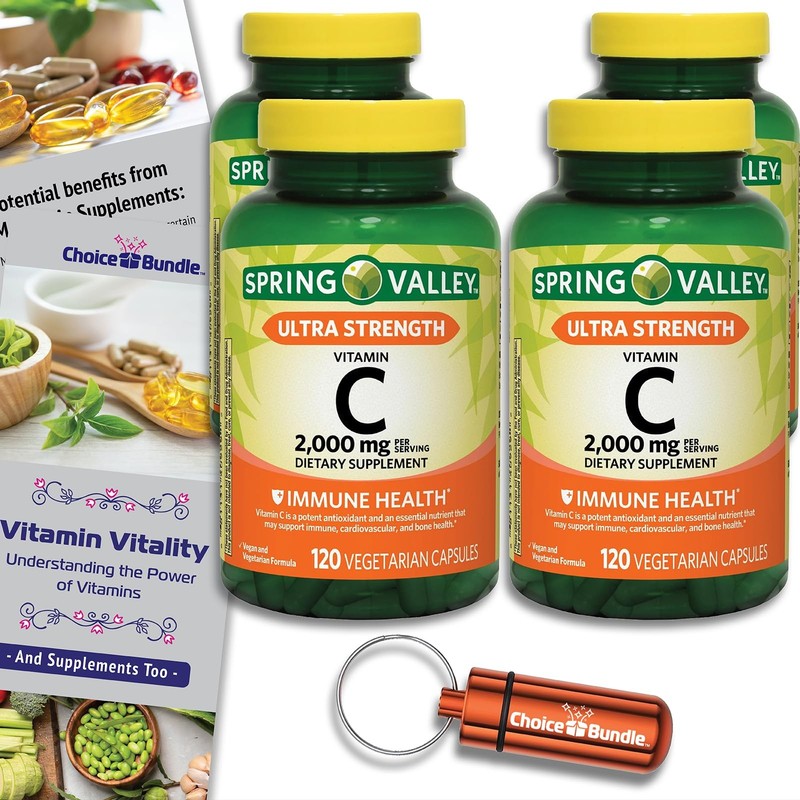 Spring Valley Ultra Strength Vit C 2000mg 4Pk (480ct) Caps + Bonus Guide & Case