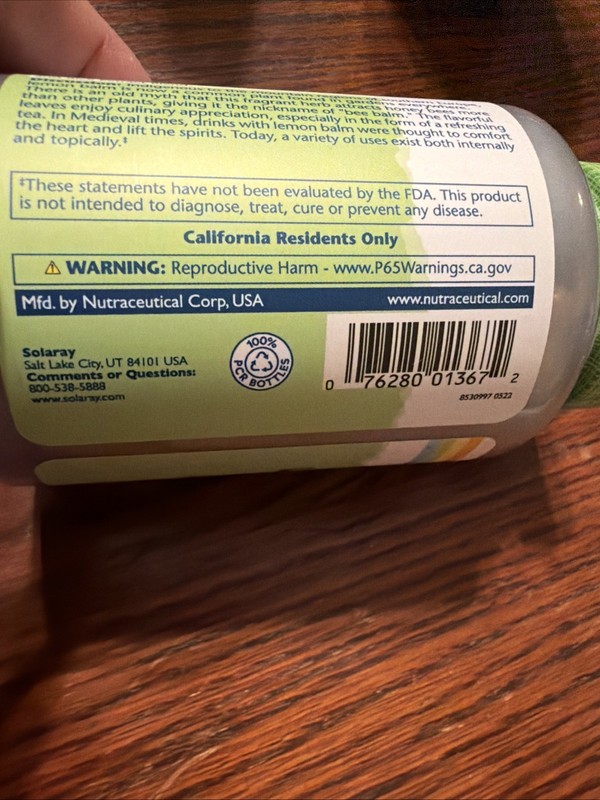 Solaray Lemon Balm Aerial 475mg | Non-GMO, Vegan | 100 CT EXP 03/2029 gallery