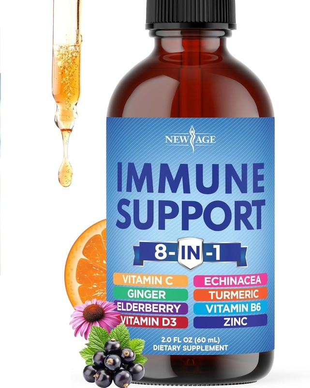 NEW AGE 8-in-1 Immune Support Liquid Drops– Elderberry, Turmeric + More, 2 fl oz