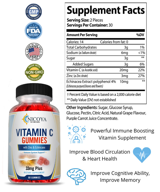 Vitamin C Immune Gummies w/ Zinc, & Echinacea, Immunity Booster, Heart Function gallery
