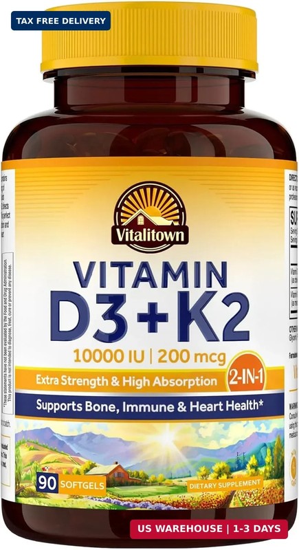 Vitalitown Vitamin D3 K2 Supplement, Vitamin D3 10000 IU Vitamin K2 (MK7) 200 mc