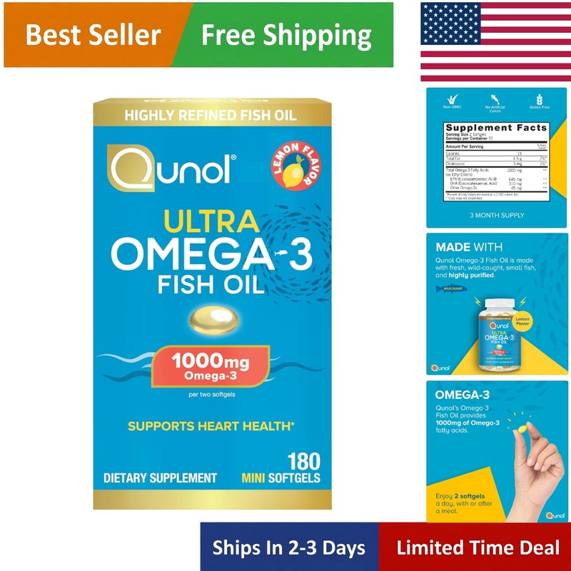 Heart Health Omega-3 Softgels – 180 Gluten Free Mini Fish Oil Capsules, Lemon