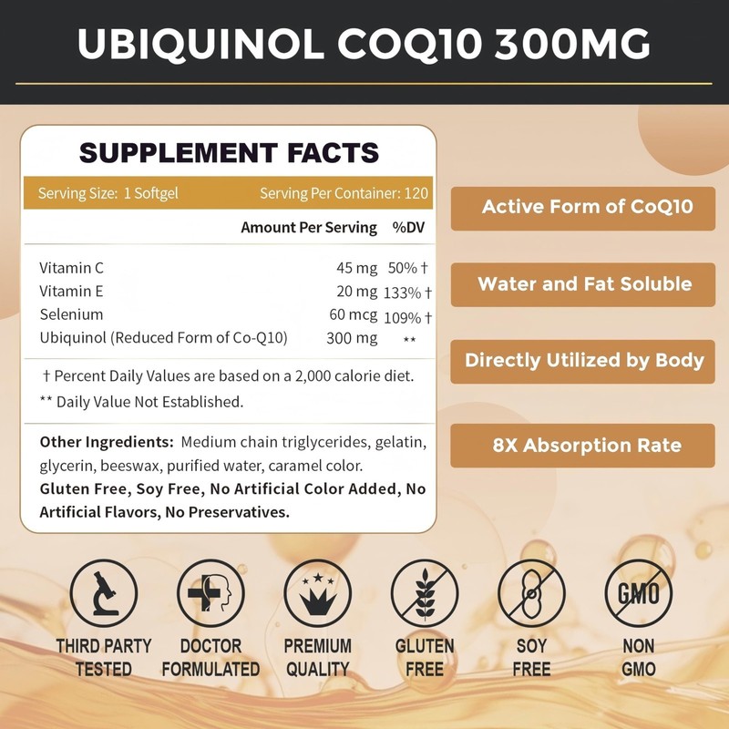 Ubiquinol CoQ10 300mg Softgels - 4-in-1 Antioxidant for Heart Health, Energy Boo gallery