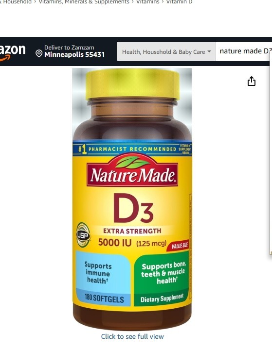 Nature Made Vitamin D3 5000 IU Ultra Strength Softgels – 180 Count