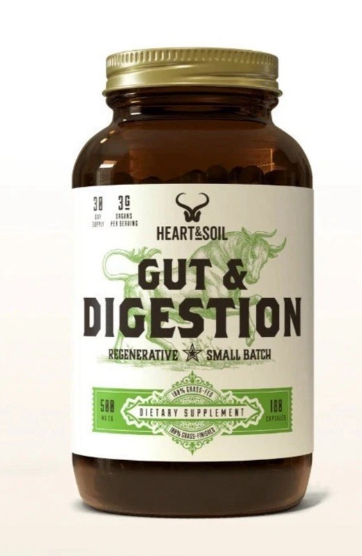 HEART & SOIL Gut Digestion 100% Grass Fed Supplement 500 Mg / 180 Capsules 10/27